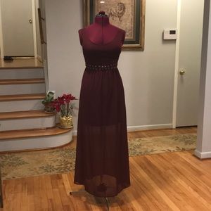 Burgundy maxi dress with sheer skirt and mini slip